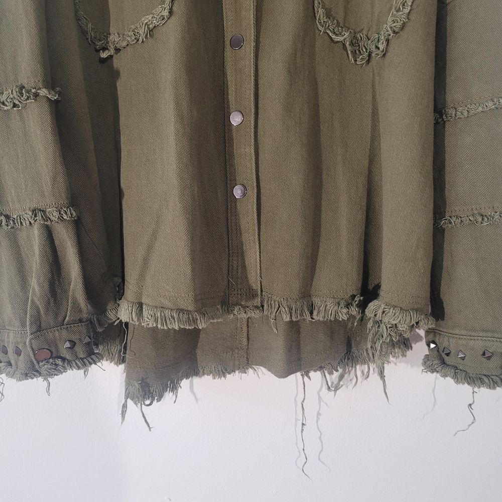 Blue B Collection Studded Army Green Jacket Midweight Cotton Military Distressed - Picture 7 of 11